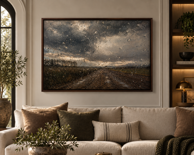 Framed landscape wall art sized correctly above a living room sofa