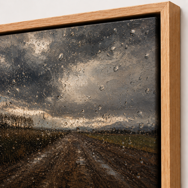 Close-up of a floating frame corner showing the canvas reveal and profile depth