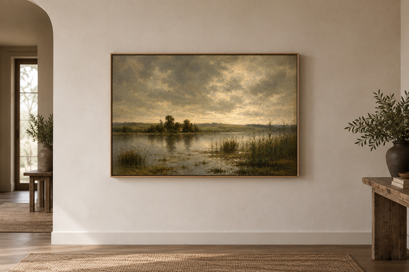 Framed wall art hung on an open gallery wall