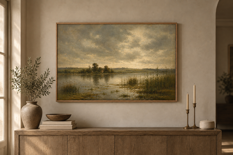 Framed landscape wall art above a console in a living room