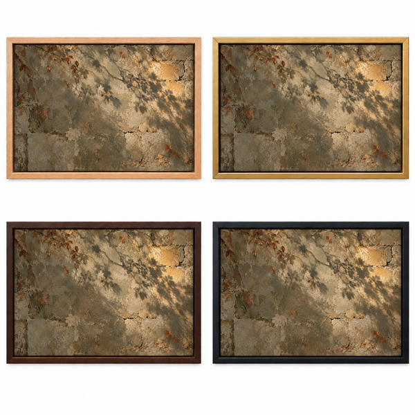Five frame finishes shown side by side: natural oak, walnut, black, antiqued gold and silver