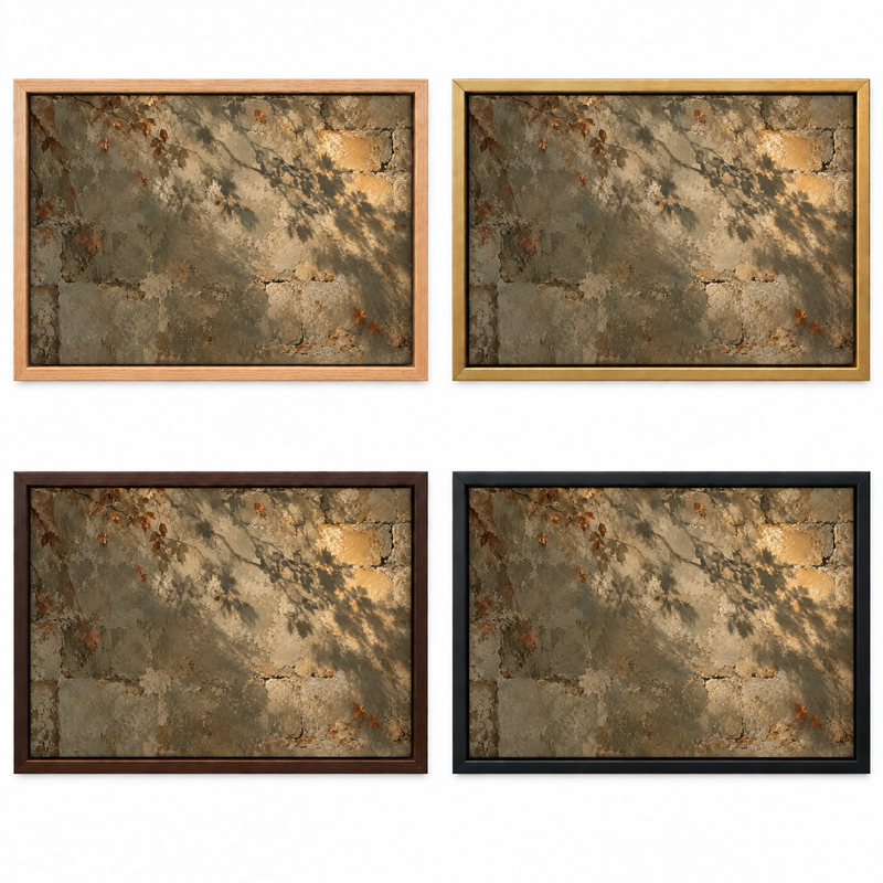 Five frame finishes shown side by side: natural oak, walnut, black, antiqued gold and silver