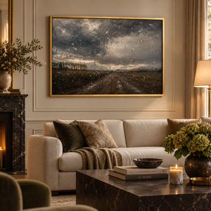 After the Storm framed wall art in an antiqued gold frame in a neutral living room