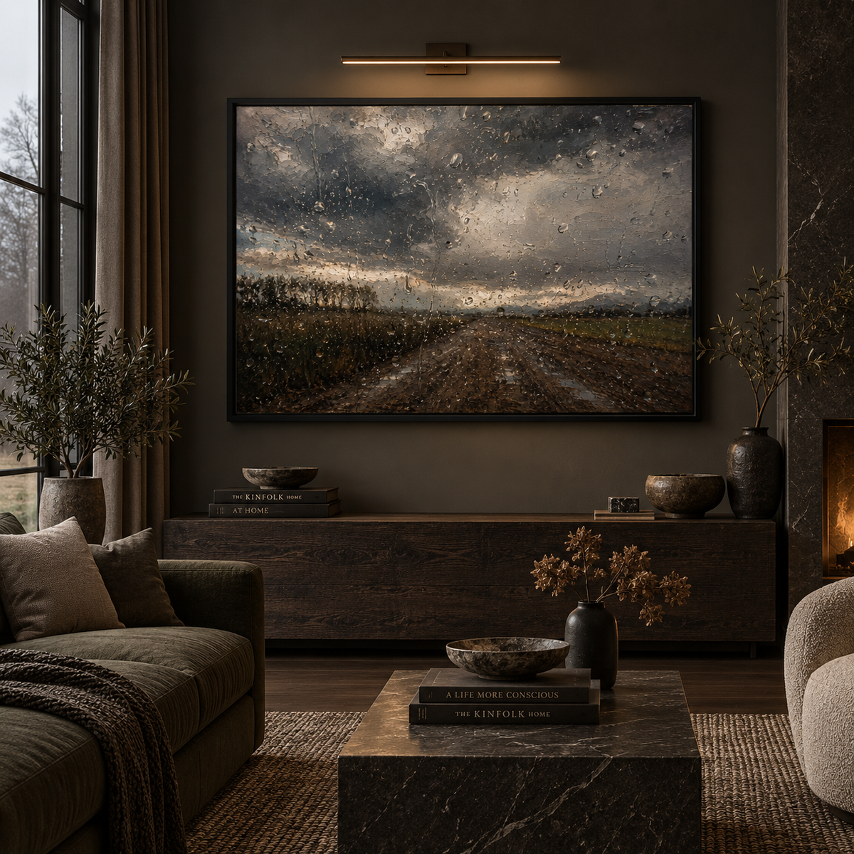 After the Storm framed wall art in a black frame in a modern living room