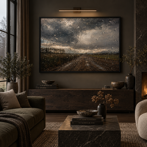 After the Storm framed wall art in a black frame in a modern living room