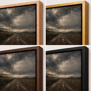 Frame finish options for After the Storm: natural oak, walnut, black, antiqued gold and silver