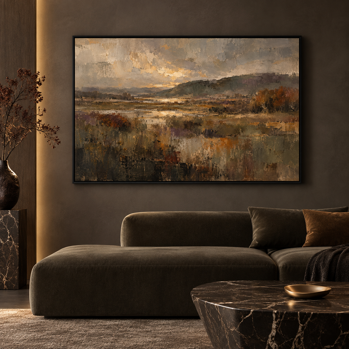Autumn Stillness framed wall art in a black frame in a modern living room