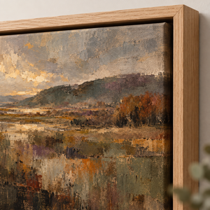 Autumn Stillness framed wall art in a natural oak frame in a living room