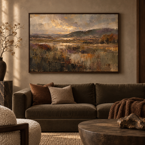 Autumn Stillness framed wall art in a dark wood frame above a living room sofa