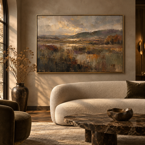 Autumn Stillness framed wall art in an antiqued gold frame in a neutral living room