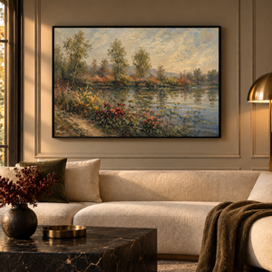 Blooming Banks framed wall art in a dark wood frame above a living room sofa