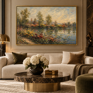 Blooming Banks framed wall art in an antiqued gold frame in a neutral living room