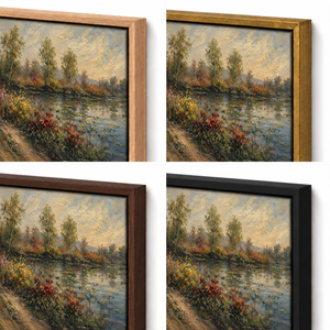 Frame finish options for Blooming Banks: natural oak, walnut, black, antiqued gold and silver