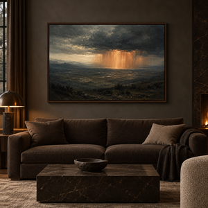 Copper Raindrops framed wall art hanging above a sofa in a living room