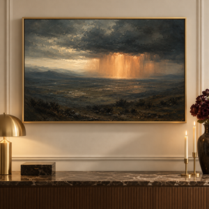Copper Raindrops framed wall art in an entryway above a console table