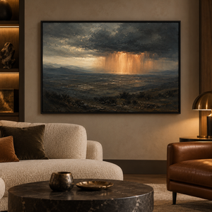 Copper Raindrops framed wall art in a warm neutral living room