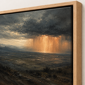 Close-up of the frame corner and canvas edge on Copper Raindrops