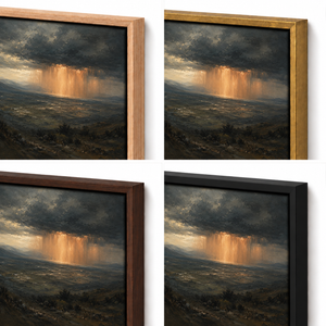 Frame finish options for Copper Raindrops: natural oak, walnut, black, antiqued gold and silver