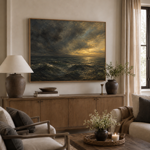 Edge of the Storm framed wall art hanging above a sofa in a living room