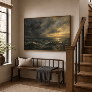 Edge of the Storm framed wall art in an entryway above a console table