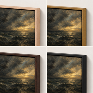 Frame finish options for Edge of the Storm: natural oak, walnut, black, antiqued gold and silver