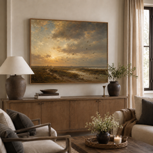 Evening Flight framed wall art hanging above a sofa in a living room
