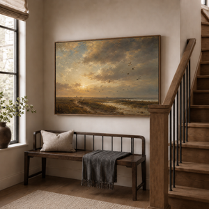 Evening Flight framed wall art in an entryway above a console table