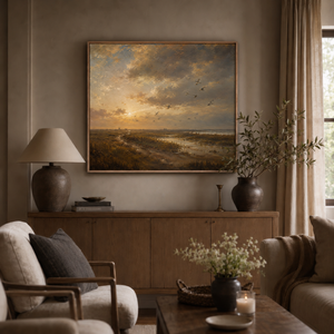 Evening Flight framed wall art in a warm neutral living room