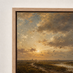 Close-up of the frame corner and canvas edge on Evening Flight