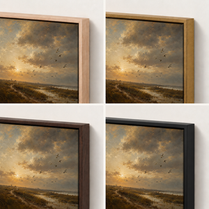Frame finish options for Evening Flight: natural oak, walnut, black, antiqued gold and silver