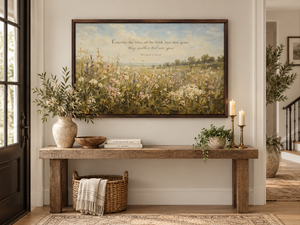 Field of Grace framed wall art in an entryway above a console table