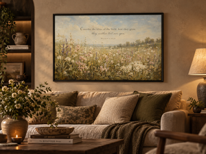 Field of Grace framed wall art in a warm neutral living room