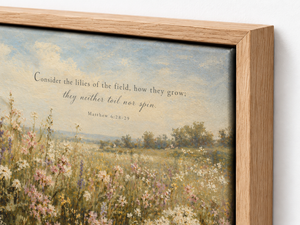 Close-up of the frame corner and canvas edge on Field of Grace