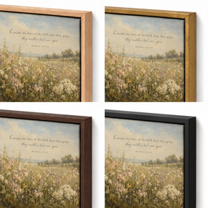 Frame finish options for Field of Grace: natural oak, walnut, black, antiqued gold and silver