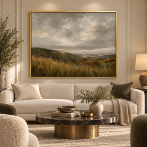 Fields in Motion framed wall art in an antiqued gold frame in a neutral living room