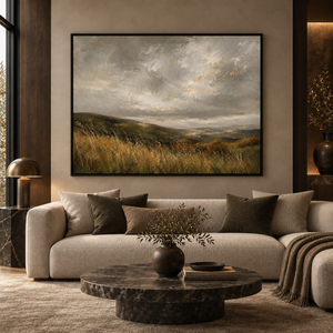 Fields in Motion framed wall art in a black frame in a modern living room