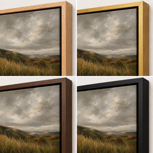 Frame finish options for Fields in Motion: natural oak, walnut, black, antiqued gold and silver