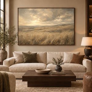 Fields of Peace framed wall art in a dark wood frame above a living room sofa