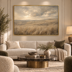 Fields of Peace framed wall art in an antiqued gold frame in a neutral living room