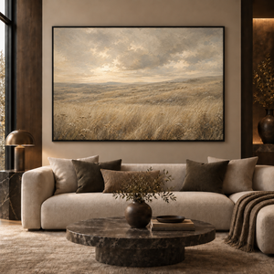Fields of Peace framed wall art in a black frame in a modern living room