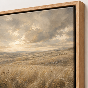 Close-up of the frame corner and canvas edge on Fields of Peace