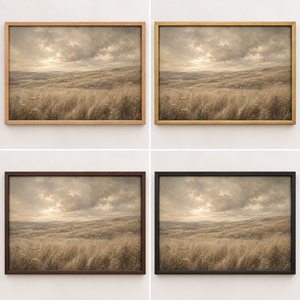 Frame finish options for Fields of Peace: natural oak, walnut, black, antiqued gold and silver