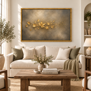 Gilded Autumn framed wall art hanging above a sofa in a living room