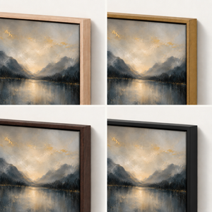 Frame finish options for Gilded Valley: natural oak, walnut, black, antiqued gold and silver