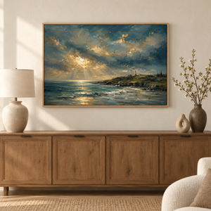 Harbor Light framed wall art hanging above a sofa in a living room