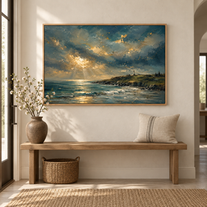 Harbor Light framed wall art in an entryway above a console table