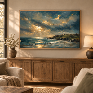 Harbor Light framed wall art in a warm neutral living room
