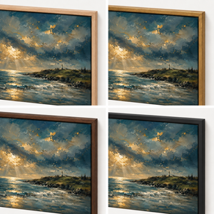 Frame finish options for Harbor Light: natural oak, walnut, black, antiqued gold and silver