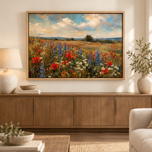 High Summer framed wall art hanging above a sofa in a living room