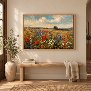 High Summer framed wall art in an entryway above a console table